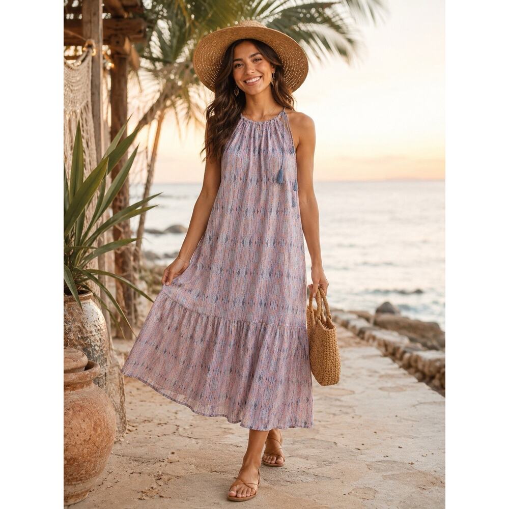 WORLD MARKET Lilac Metallic Halter Neck Tiered Beachy Maxi Dress Sz L/XL NWOT